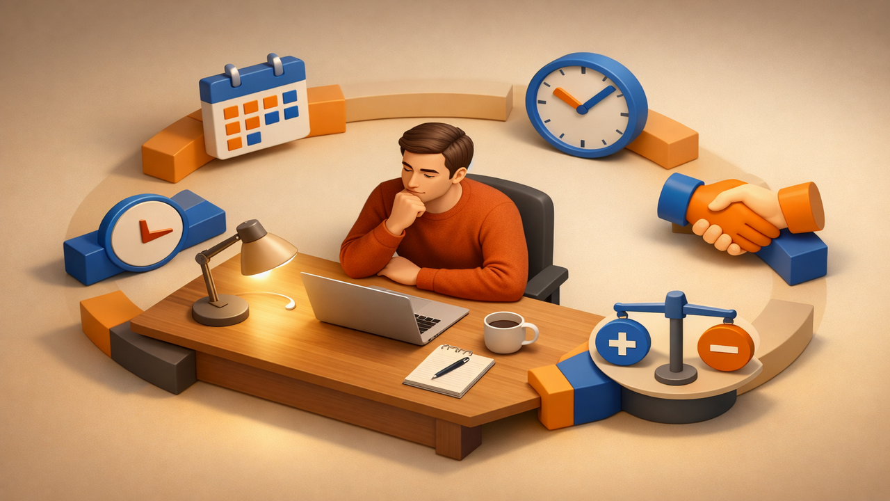 4 Автор за рабочим столом структурирует отзыв, обдумывая сроки, плюсы и минусы сотрудничества.png